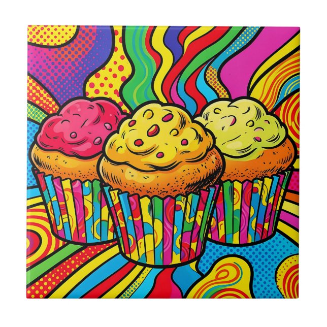 Pop Art Rainbow Cupcakes Explosion Tile (Front)