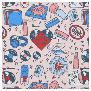 pop art record music lover vintage heart pink fabric