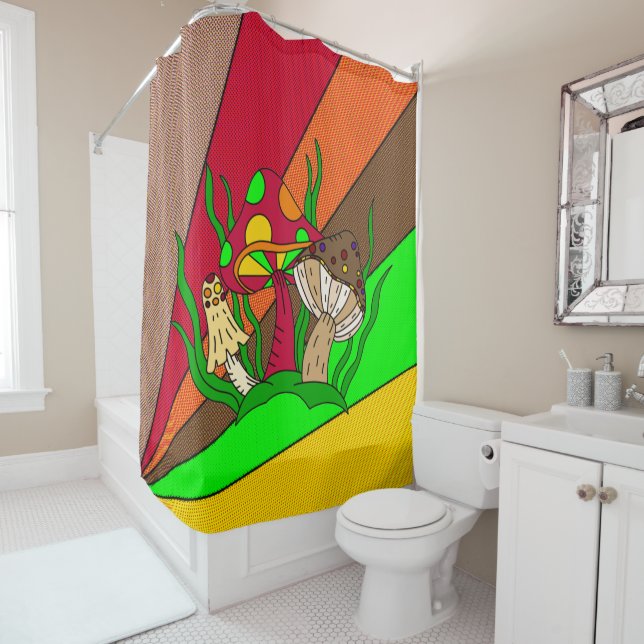 Pop Art Retro Mushrooms Shower Curtain (In Situ)
