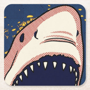 Pop Art Shark Jaw Halftone Comic Panel Square Paper Coaster