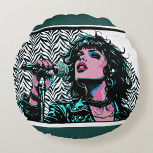 Pop Art Singer Teal Pink Musicians Music Lovers  Round Cushion