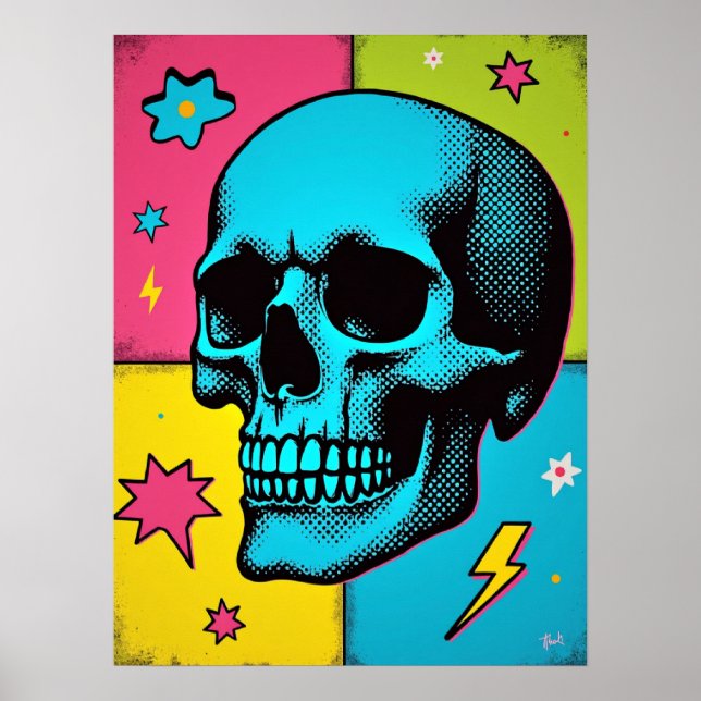 Pop Art Skull with Neon Halftone Dots Poster (Front)