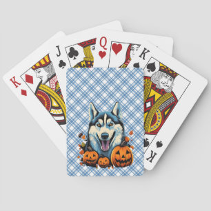 Pop Art Smilling Husky Dog with Pumpkins Halloween Playing Cards