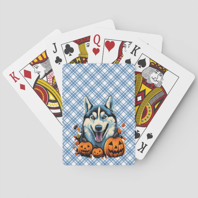 Pop Art Smilling Husky Dog with Pumpkins Halloween Playing Cards (Back)