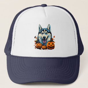 Pop Art Smilling Husky Dog with Pumpkins Halloween Trucker Hat