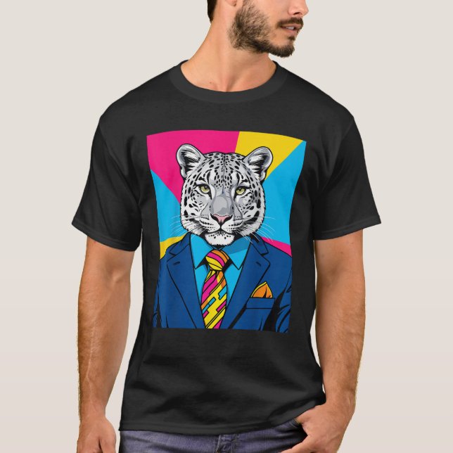 Pop Art Snow Leopard in Business Suit  T-Shirt (Front)