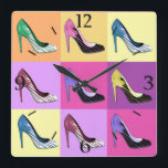 Pop Art Stiletto Pumps / Shoes / High Heels Square Square Wall Clock<br><div class="desc">Clock in "Glorification of the Stiletto" print - Pop Art rendering of the beloved stiletto pump</div>