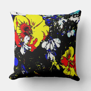 pop art style red yellow blue and white flowers cushion