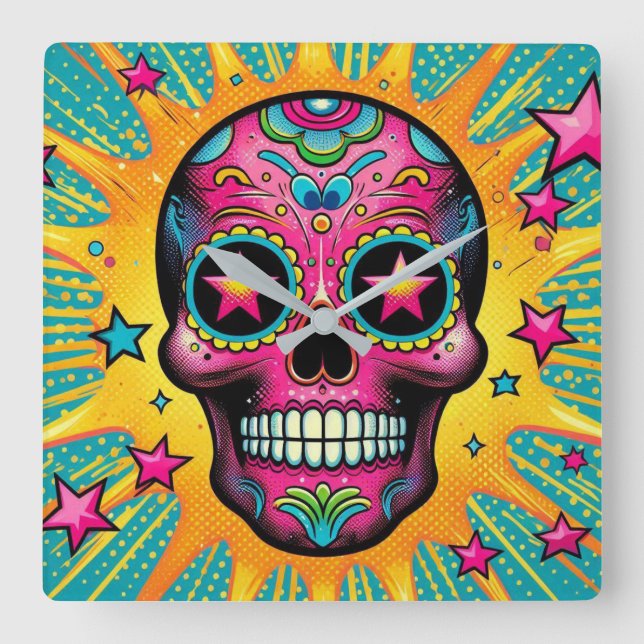Pop Art Sugar Skull Square Wall Clock (Front)