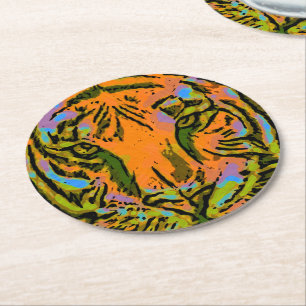 Pop Art TIGER HEAD + your backgr. & ideas Round Paper Coaster