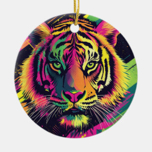 Pop Art Tiger Illustration with Neon Colors Ceramic Tree Decoration