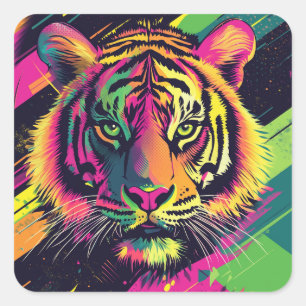 Pop Art Tiger Illustration with Neon Colors Square Sticker