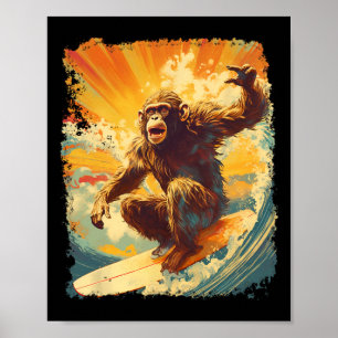 Pop Art Vintage Animal Zoo Monkey Surfing Paddle B Poster