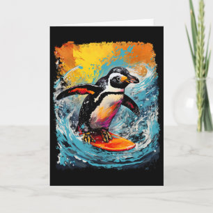 Pop Art Vintage Zoo Bird Surfing Penguin Card