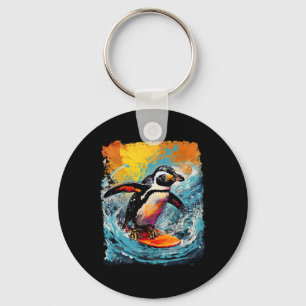 Pop Art Vintage Zoo Bird Surfing Penguin  Key Ring