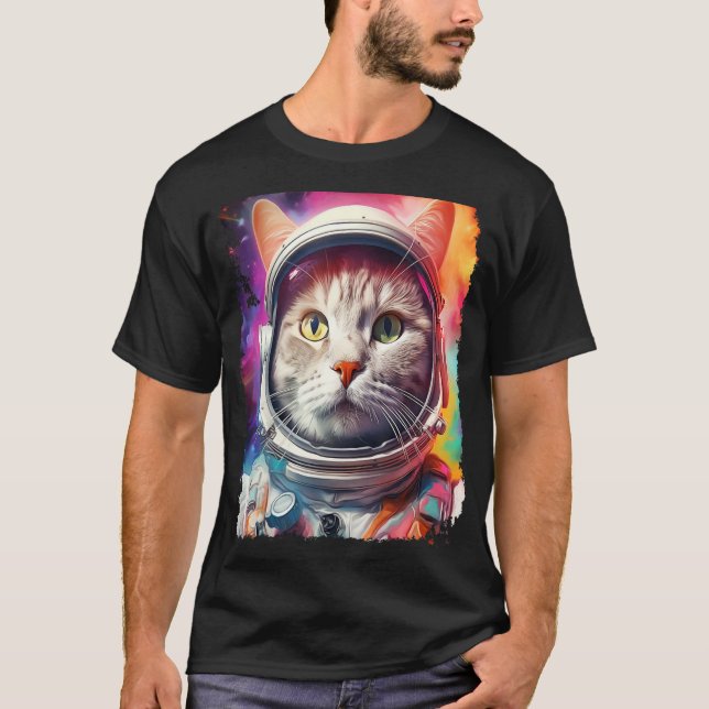 Pop Art White Cat Space Exploration T-Shirt (Front)
