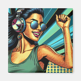 Pop Art Woman in Headphones Dancing Magnet