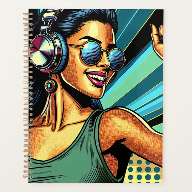 Pop Art Woman in Headphones Dancing Planner (Front)