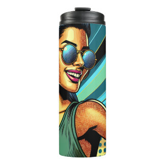 Pop Art Woman in Headphones Dancing Thermal Tumbler