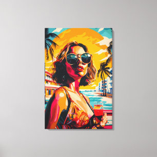 Pop Art Woman in Tropical Sunset Vibes Canvas Print