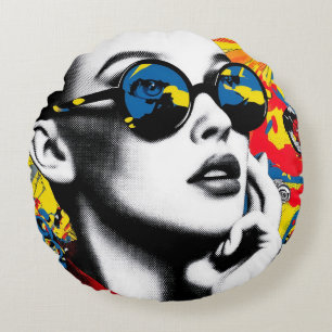 Pop art woman with sunglasses round cushion