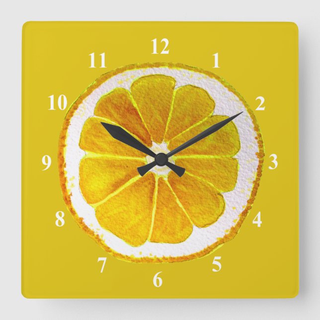 Pop art yellow lemon fruit original watercolour square wall clock (Front)