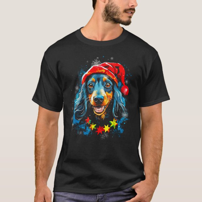 Pop Artist Dachshund Dog Christmas T-Shirt (Front)