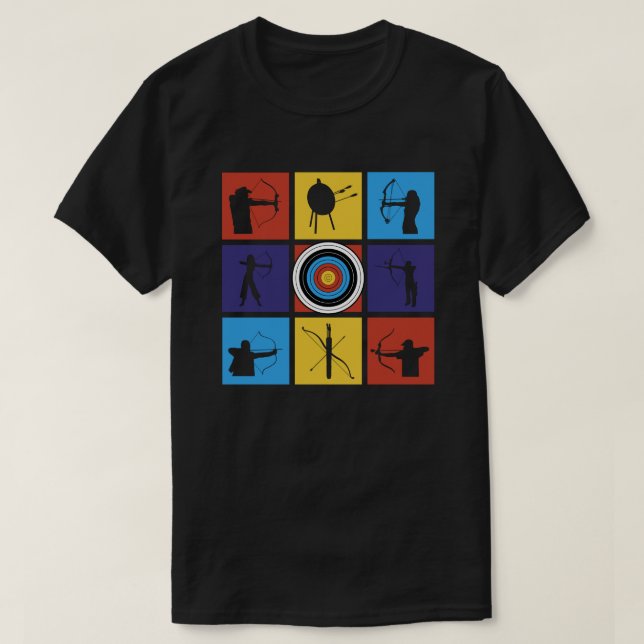 Pop Artistic Archery Sports and Player Silhouettes T-Shirt (Design Front)