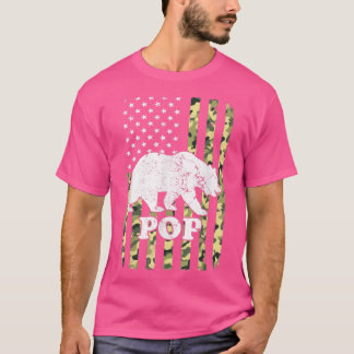 Pop Bear Camping Hiking Camouflage USA American Fl T-Shirt
