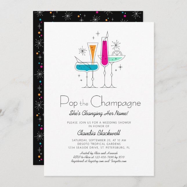 Pop Champagne Retro Bridal Shower Invitation (Front/Back)