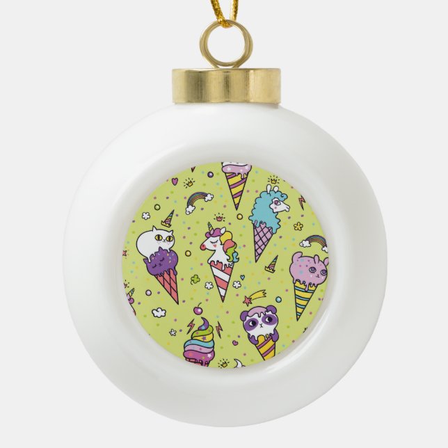Pop Cute Ice Cream: Animal Pattern Ceramic Ball Christmas Ornament (Front)