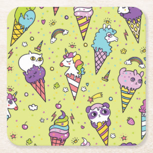 Pop Cute Ice Cream: Animal Pattern Square Paper Coaster