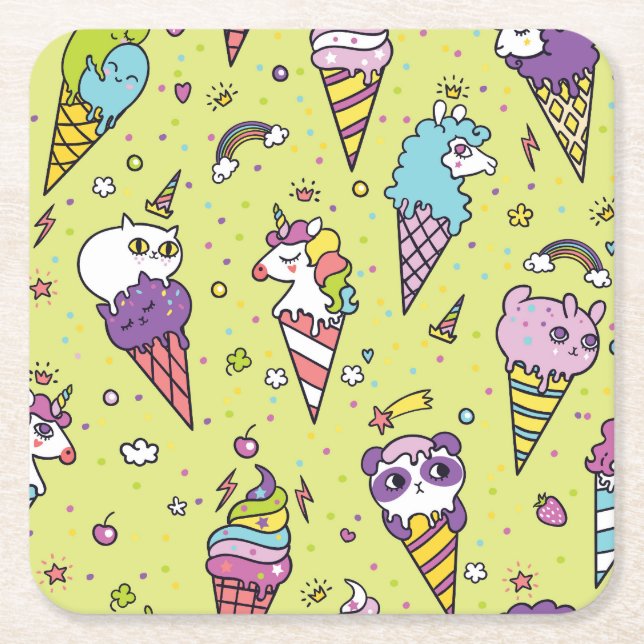 Pop Cute Ice Cream: Animal Pattern Square Paper Coaster (Front)
