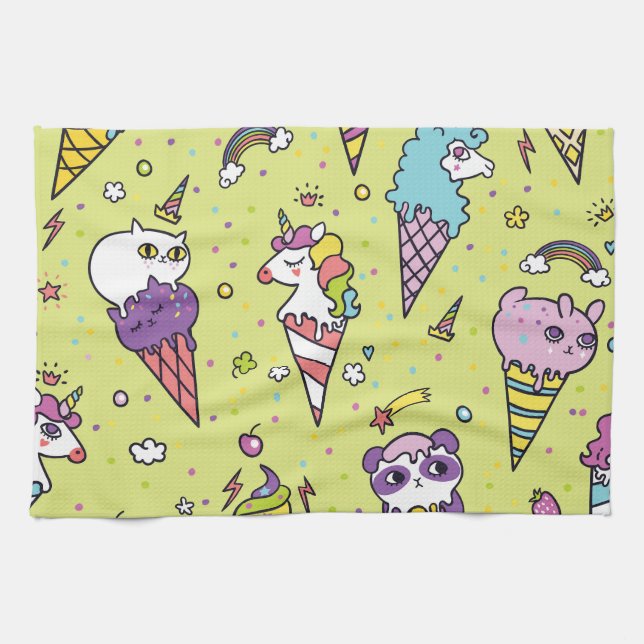 Pop Cute Ice Cream: Animal Pattern Tea Towel (Horizontal)