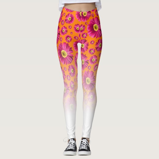Pop Daisy Fuchsia Pink Fade To White Leggings (Front)