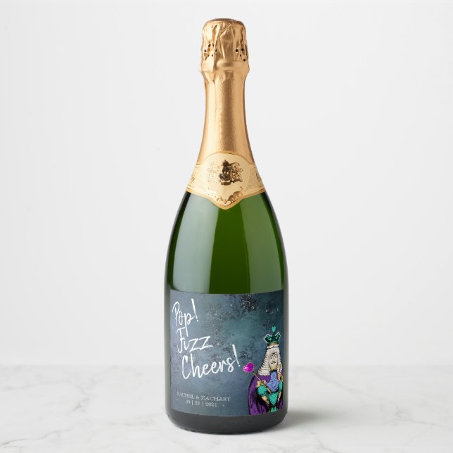 Pop Fizz Cheers Blue Alice in Wonderland Wedding Sparkling Wine Label (Front)