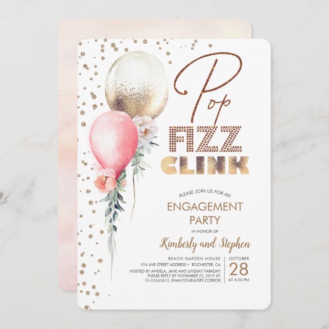 Pop Fizz Clink Balloon Garlands Modern Engagement Invitation (Front/Back)