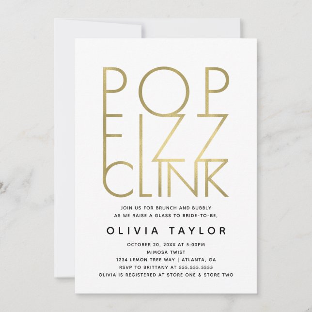 Pop Fizz Clink Bridal Shower Invitation, Faux Gold Invitation (Front)