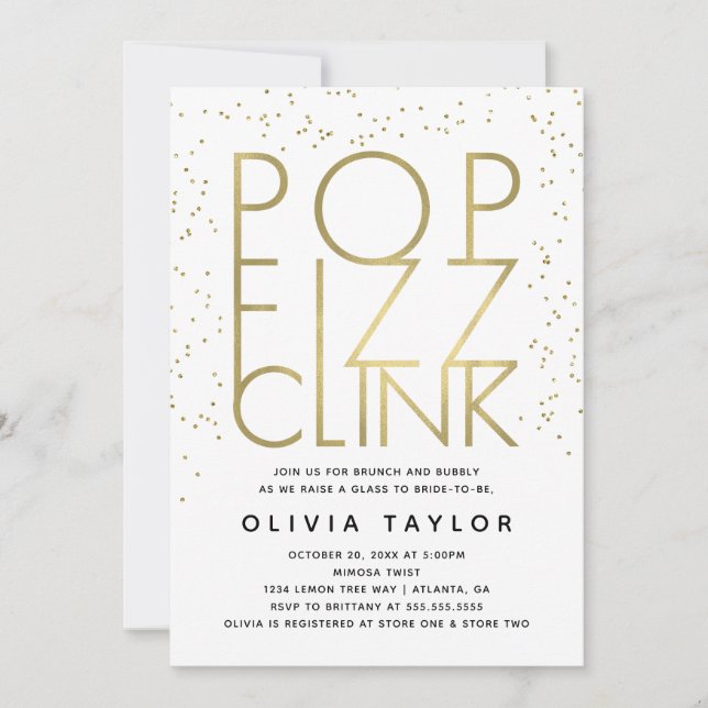 Pop Fizz Clink Bridal Shower Invitation, Faux Gold Invitation (Front)