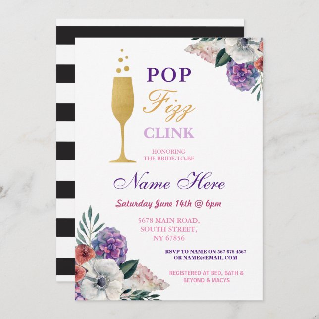 Pop Fizz Clink Bubbly Bridal Shower Floral Invite (Front/Back)