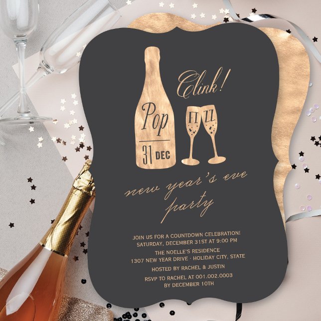 Pop Fizz Clink Champagne Chic New Year's Eve Party Invitation (Creator Uploaded)
