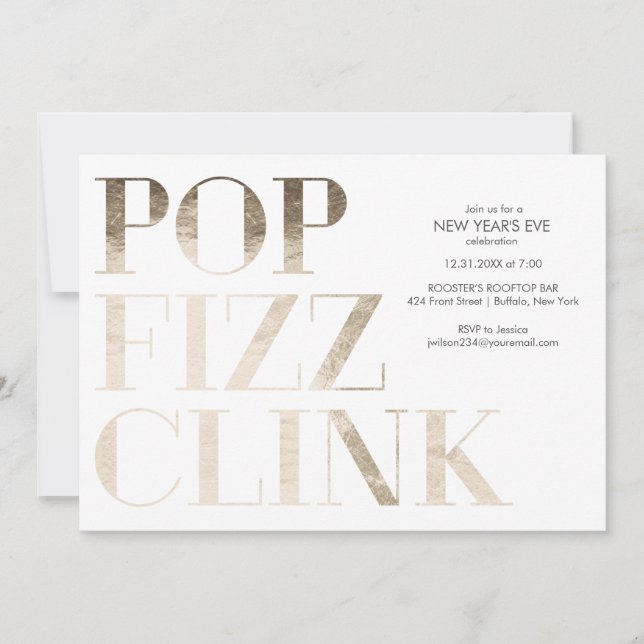 Pop Fizz Clink Faux Gold Foil New Year's Invitation (Front)