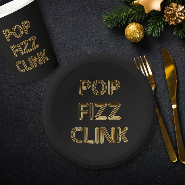 Pop Fizz Clink Modern Typography New Year's Eve Paper Plate (Creator Uploaded)
