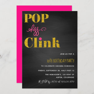 Pop fizz clink pink and gold glitter chalkboard invitation