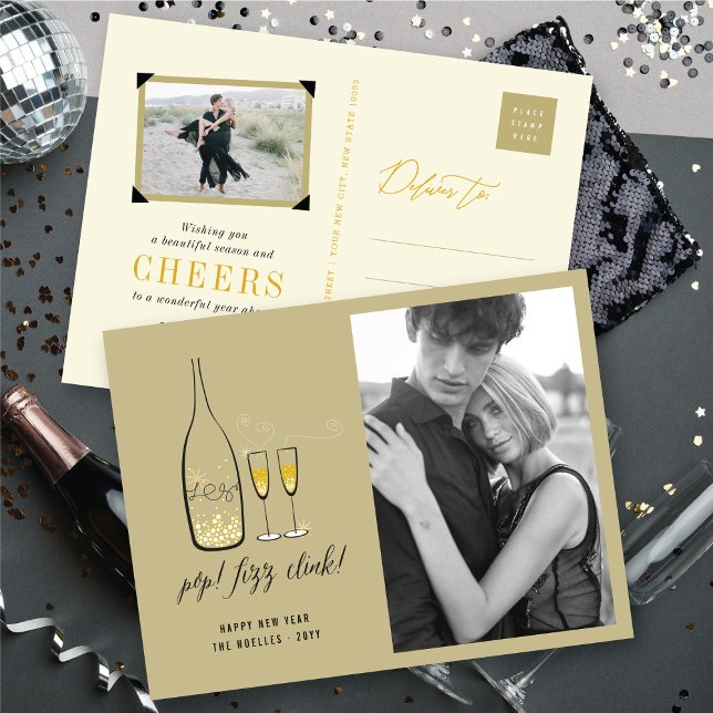 Pop Fizz Clink Stylish Gold Champagne Chic Photo Holiday Postcard (Pop Fizz Clink Stylish Gold Champagne Chic Photo Holiday Postcard @ fat_fa_tin)