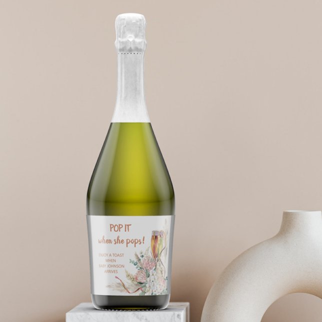 Pop It Baby Shower Boho Pampas grass Floral Sparkling Wine Label (Creator Uploaded)
