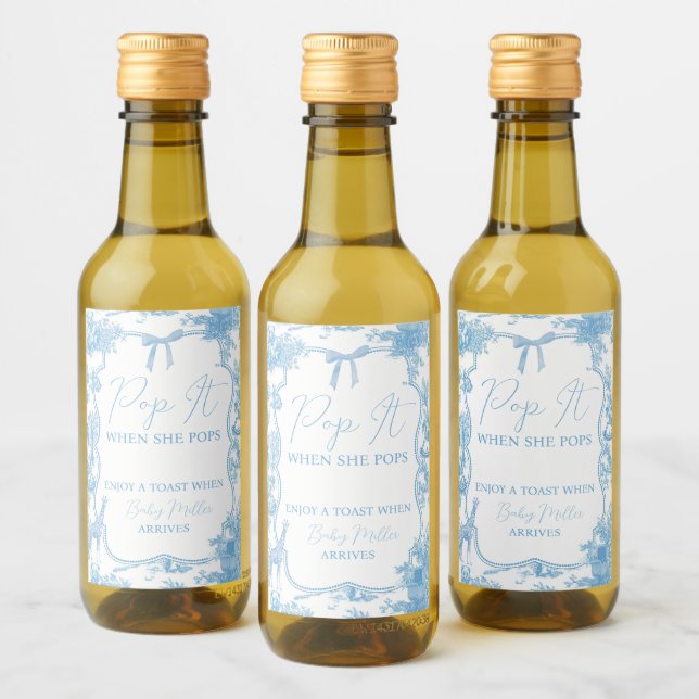 Pop It Blue White Toile de Jouy Bear Baby Shower Wine Label (Bottles)