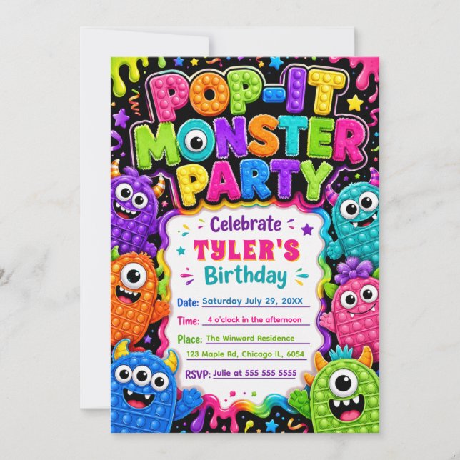 Pop It Cute Monster Birthday Party Invitation (Front)