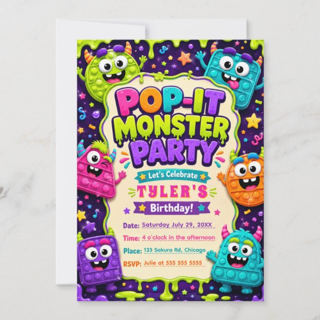 Pop It Cute Monsters Birthday Party Invitation (Front)