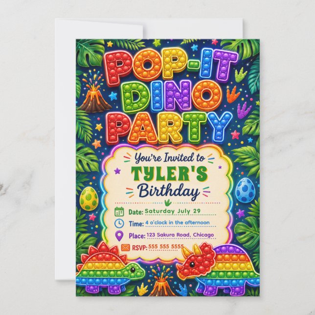 Pop It Dinosaur Birthday Party Invitation (Front)
